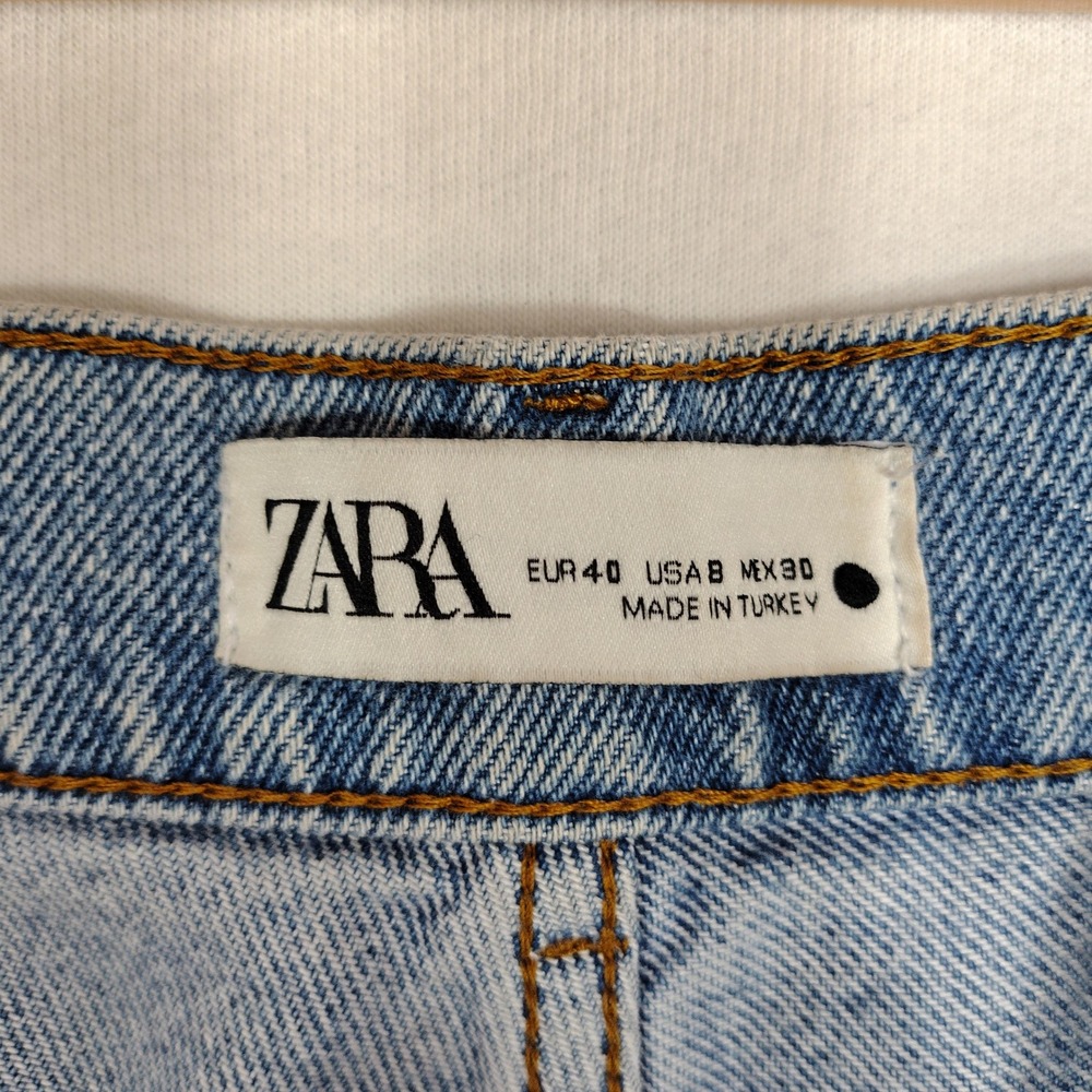 Zara The 90s Full Length Distressed Wide Leg Jeans Light Wash Blue Size 8 - Picture 3 of 8